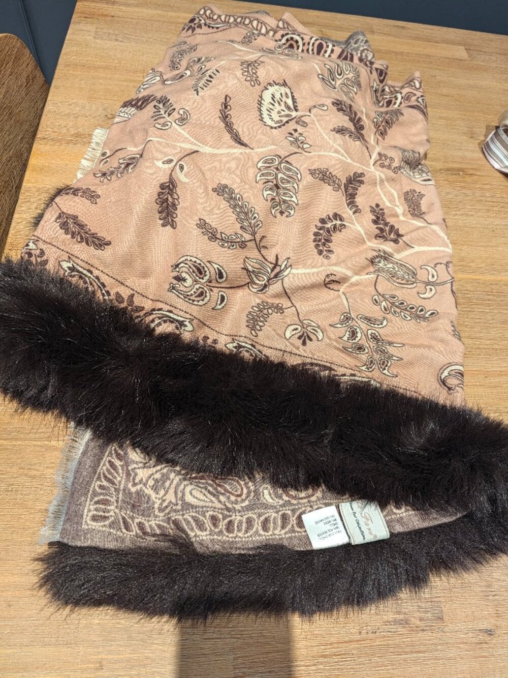 Brown Belle Fare Wool & Cashmere Wrap with Faux Fur Trim